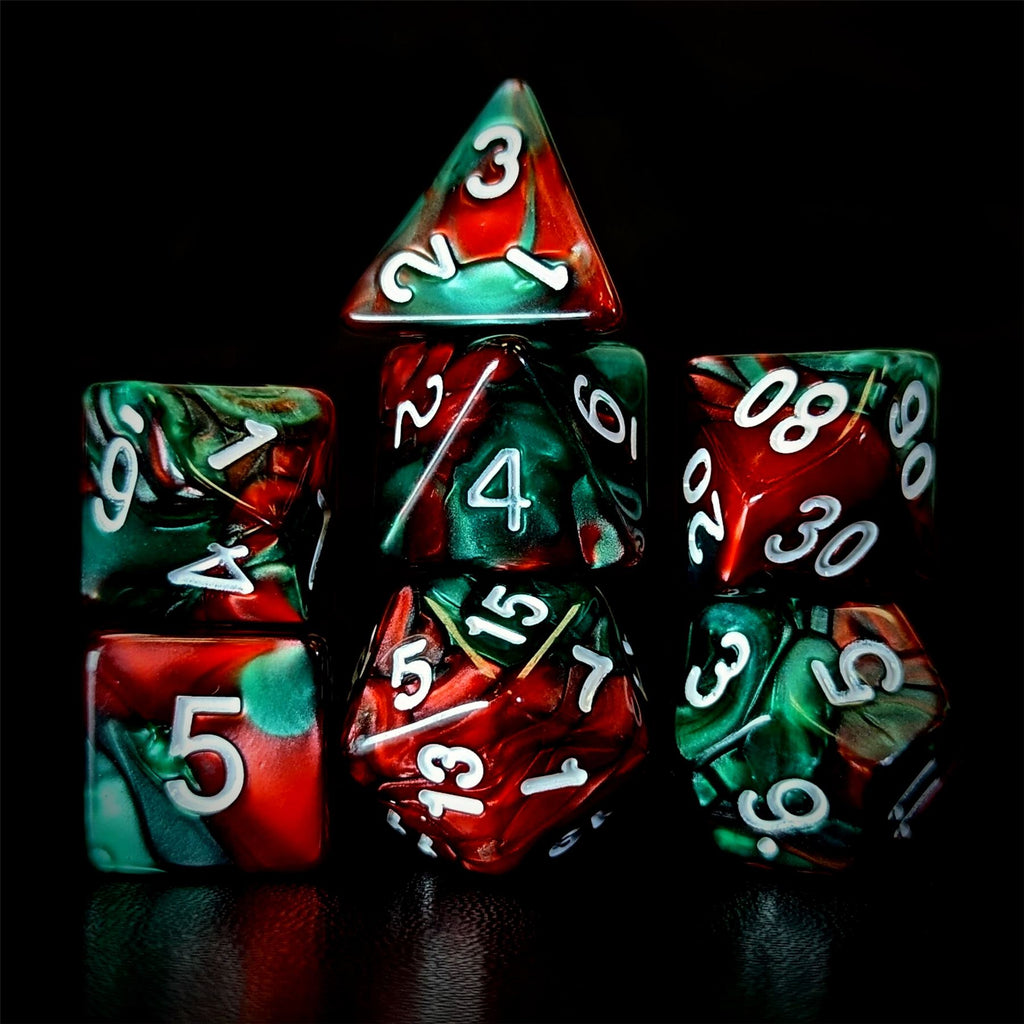Blend of Red & Green Acrylic - 7pcs RPG Full Dice Set