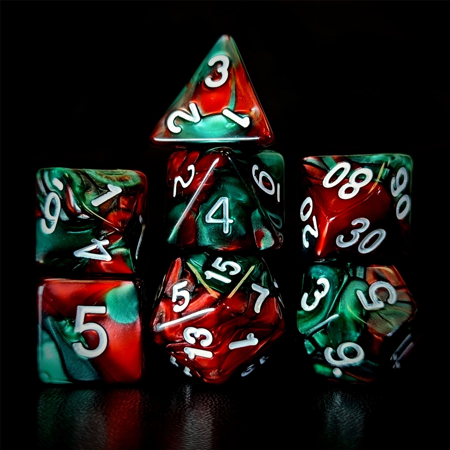 Blend of Red & Green Acrylic - 7pcs RPG Full Dice Set