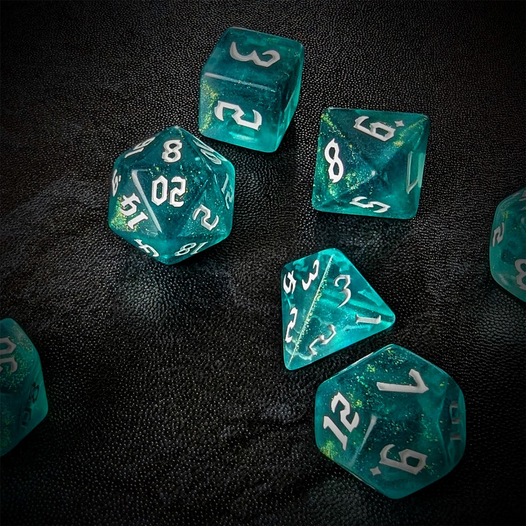 Glitter in Blue & Green Acrylic - 7pcs RPG Full Dice Set