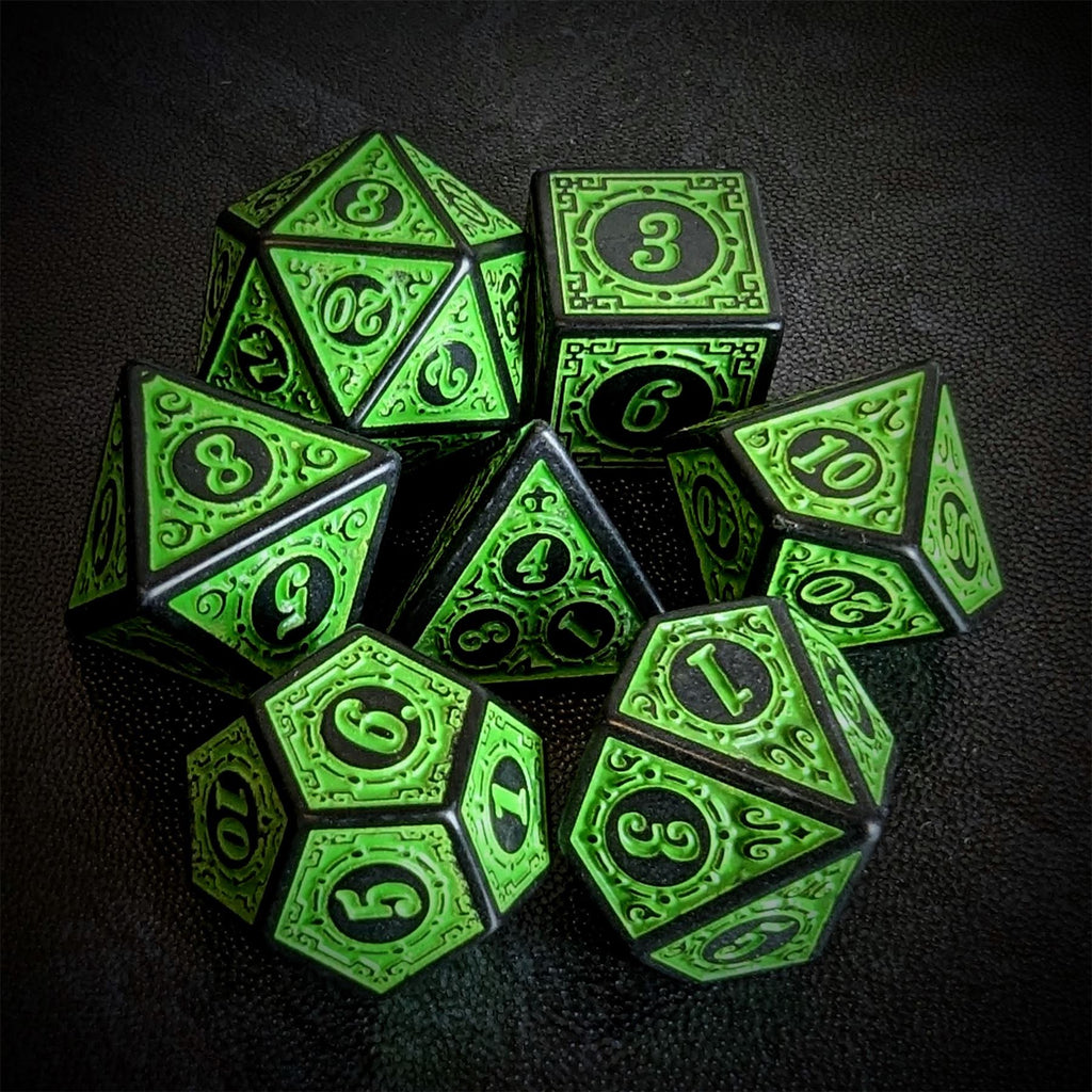 Green Lattice on Black Acrylic - 7pcs RPG Full Dice Set