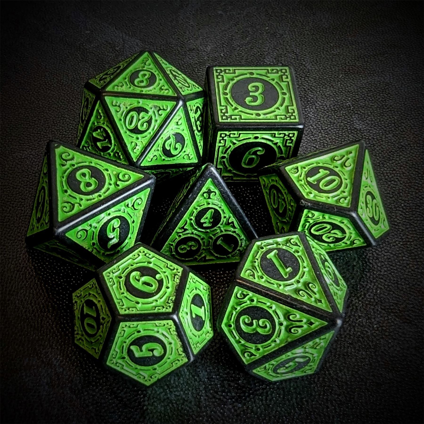 Green Lattice on Black Acrylic - 7pcs RPG Full Dice Set