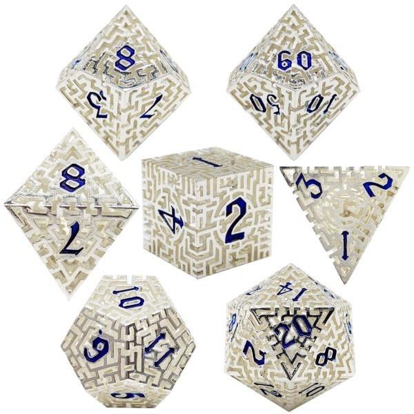 7pcs Dice Metal Hollow Maze Blue Font Silver