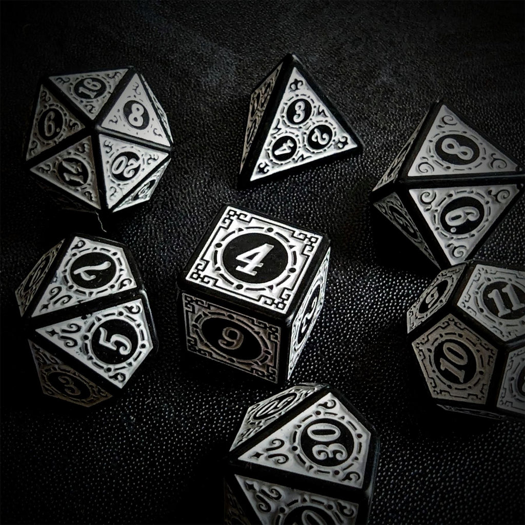 White Lattice on Black Acrylic - 7pcs RPG Full Dice Set