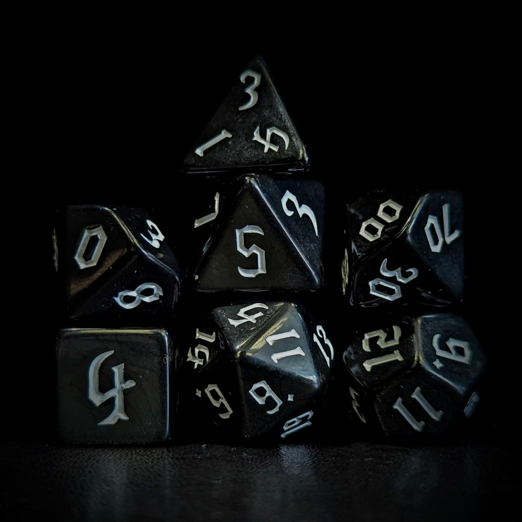 White on Solid Black Acrylic - 7pcs RPG Full Dice Set