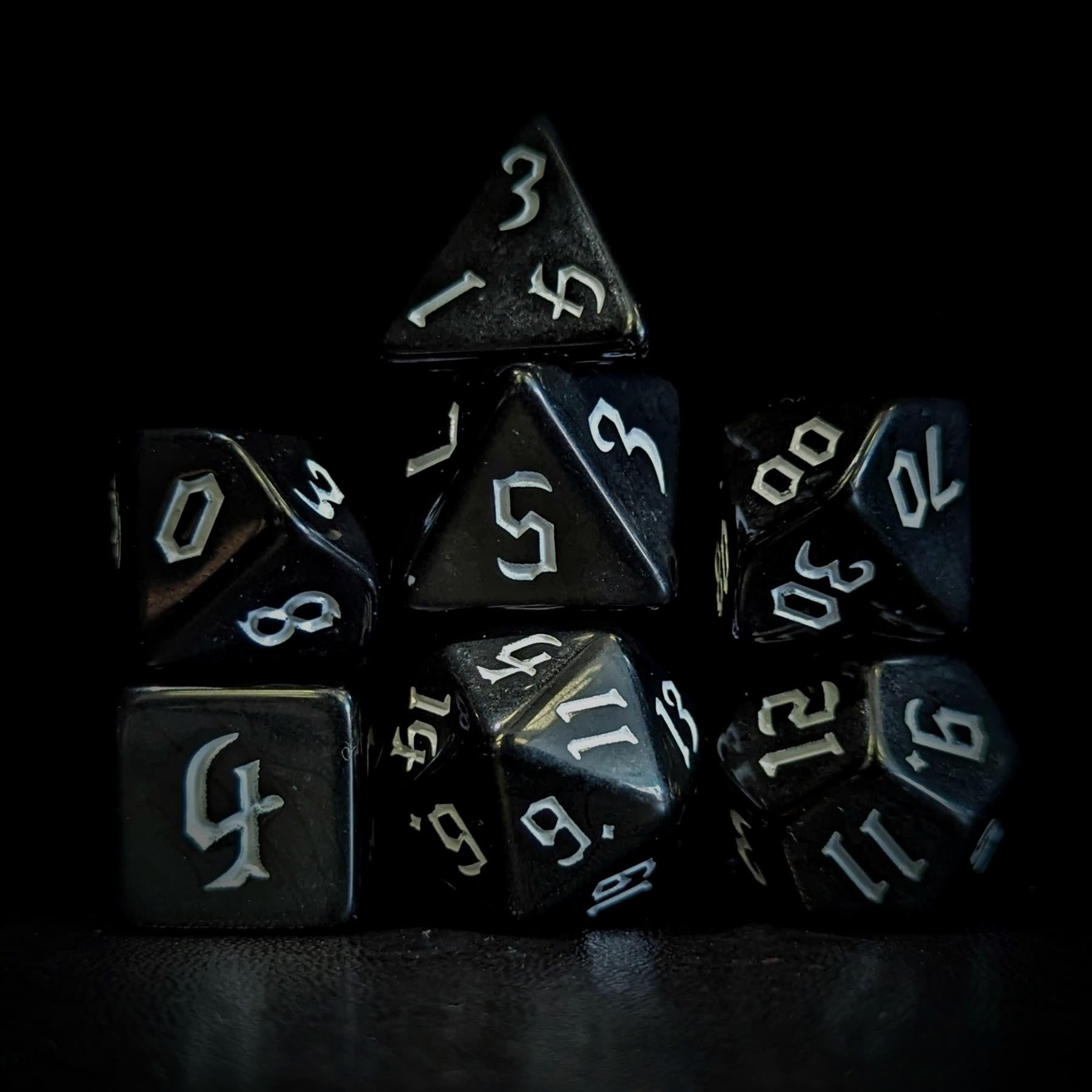 White on Solid Black Acrylic - 7pcs RPG Full Dice Set