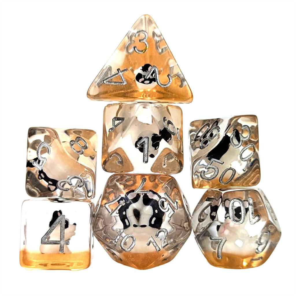 Black & White Dog in Clear Resin - 7pcs RPG Full Dice Set