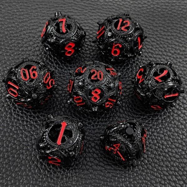 7pcs Dice Metal Hollow Circle Dragon Red Font Black