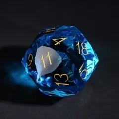 D20 30mm Dice Gem Glass Facet Gold Font Blue