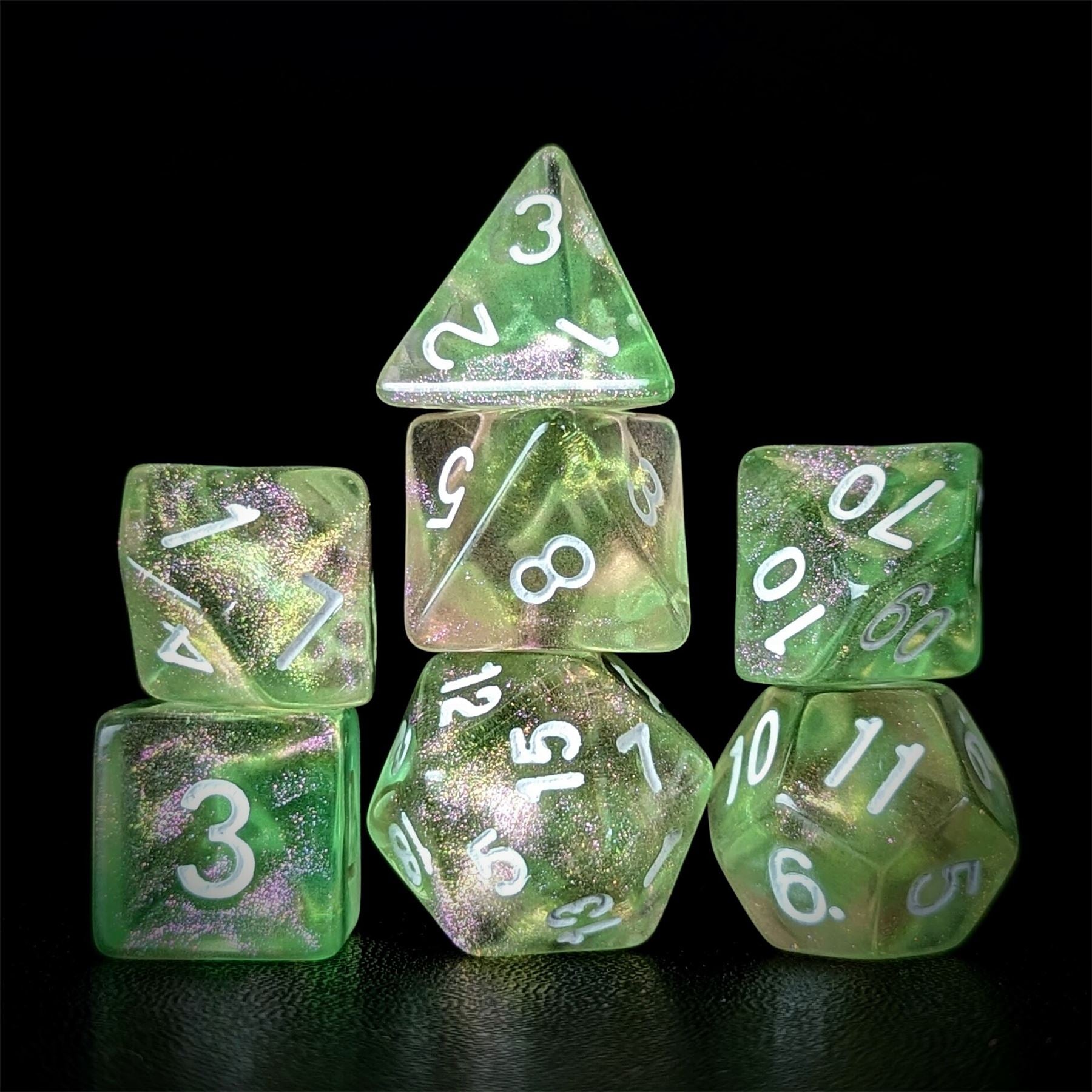 Glitter in Green & Yellow in Clear Acrylic - 7pcs RPG Full Dice Set