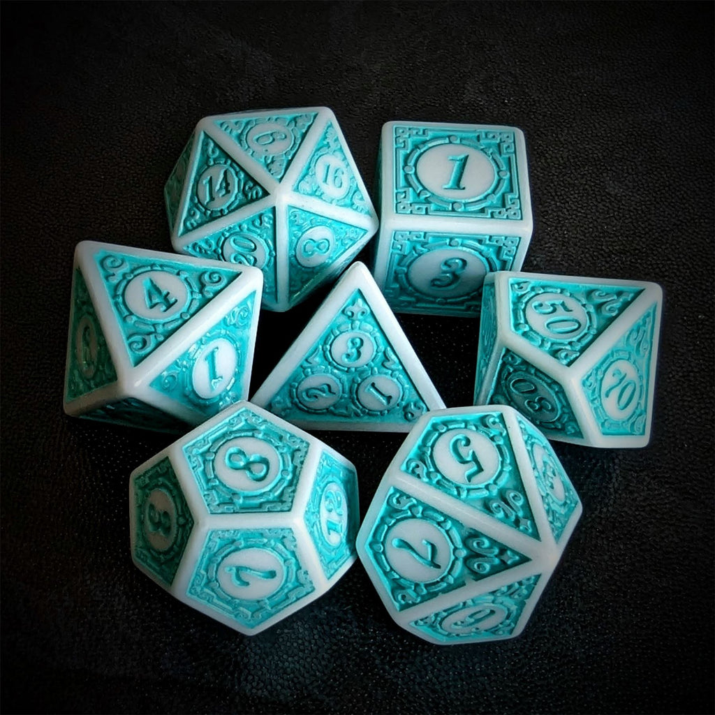 Cyan Lattice on White Acrylic - 7pcs RPG Full Dice Set