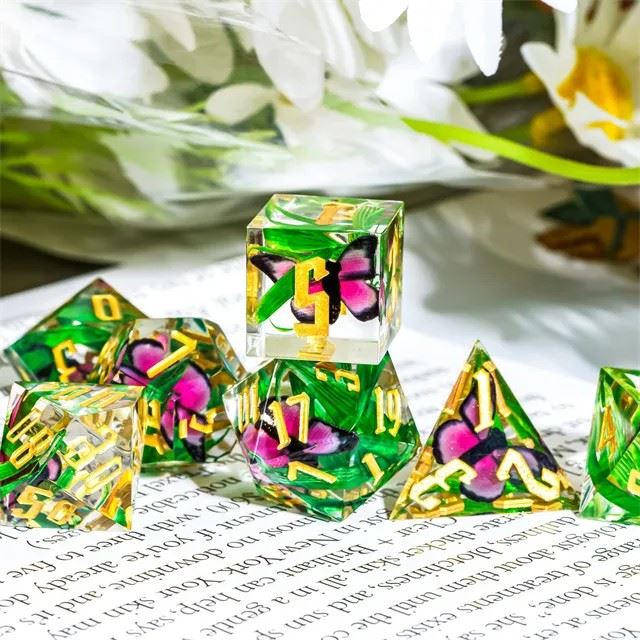 Pink Butterfly in Clear Filled Sharp Resin - 7pcs RPG Dice Set