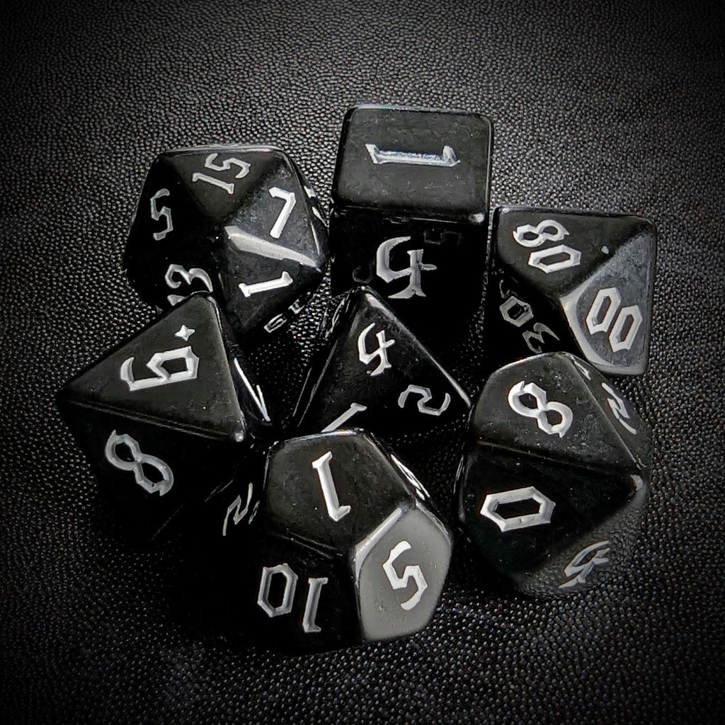 White on Solid Black Acrylic - 7pcs RPG Full Dice Set