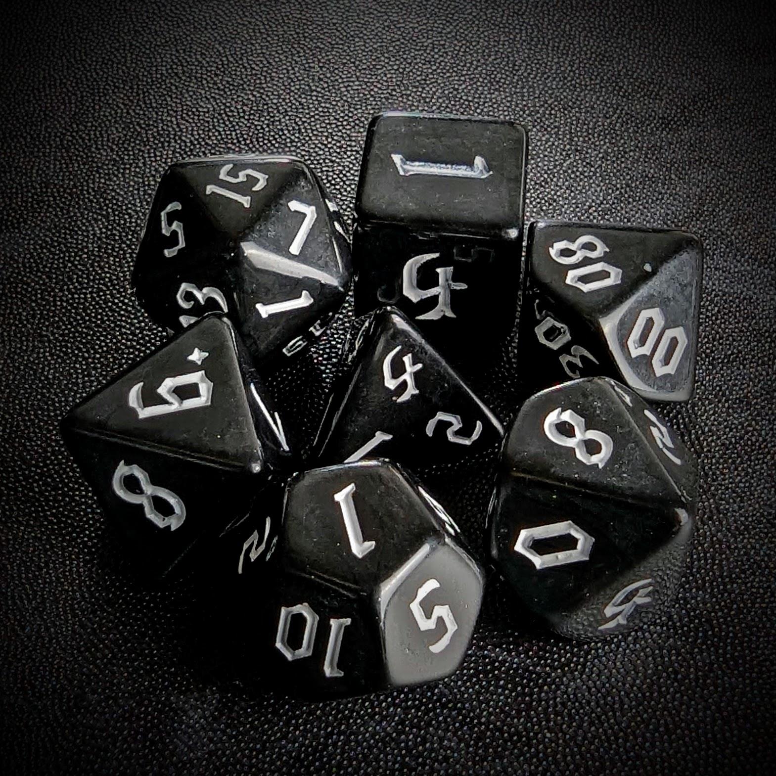 White on Solid Black Acrylic - 7pcs RPG Full Dice Set