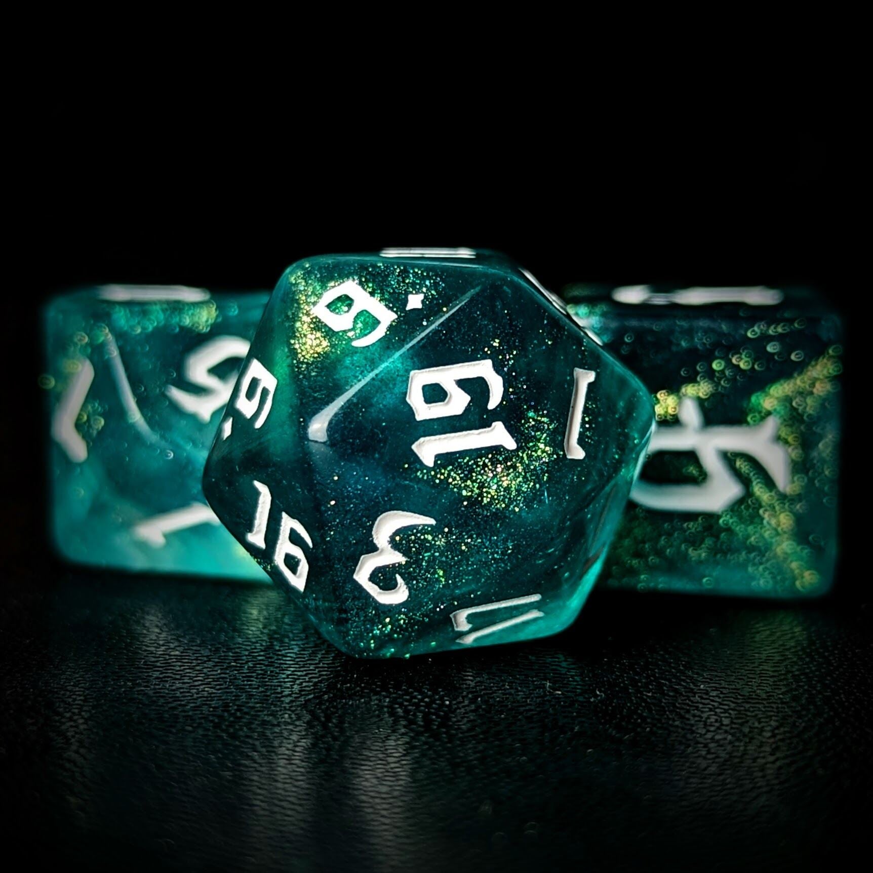 Glitter in Blue & Green Acrylic - 7pcs RPG Full Dice Set