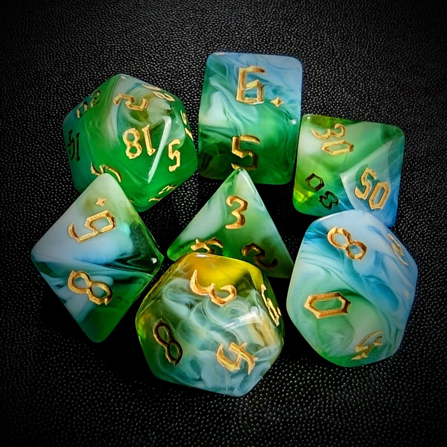 Blend of Green & Sky Blue Acrylic - 7pcs RPG Full Dice Set