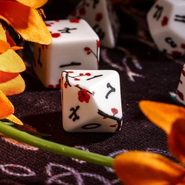Handmande Red Flowers on White Resin -  7pcs RPG Dice Set