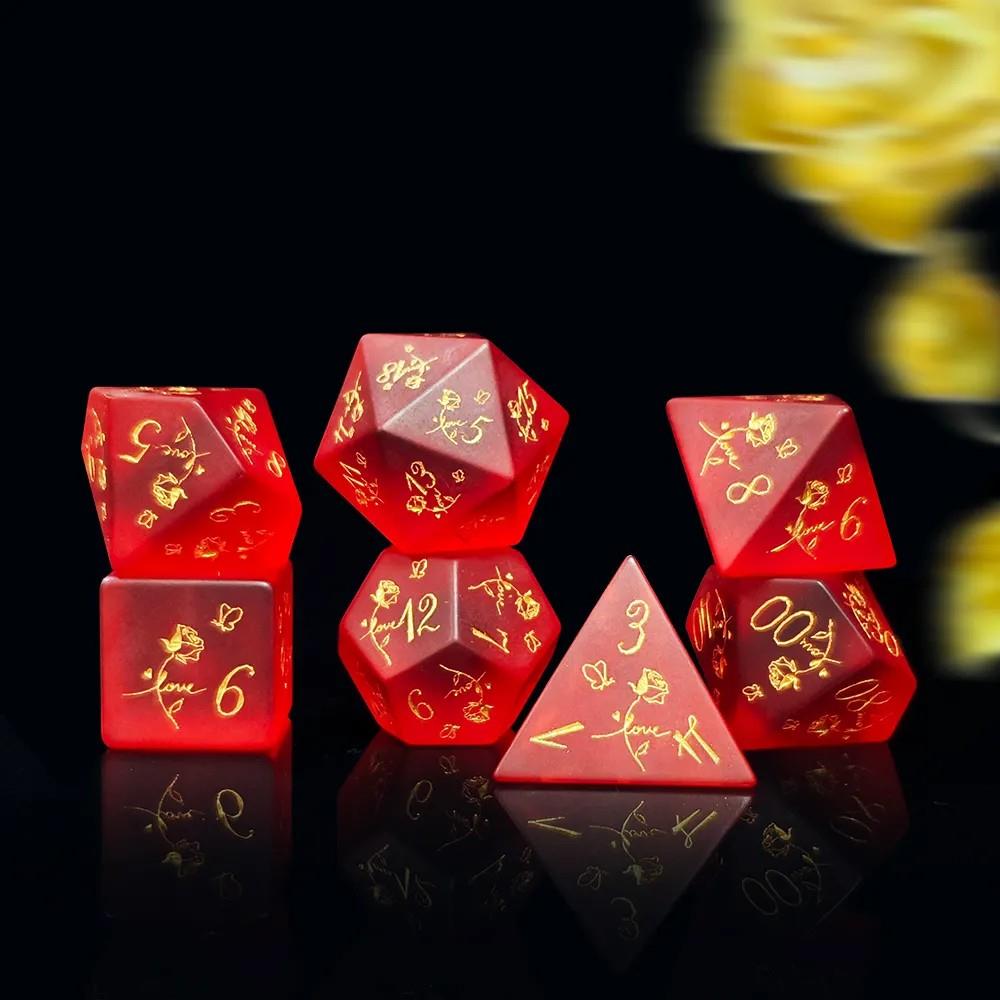 7pcs Dice Gem Frosted Glass Gold Font Roses Red