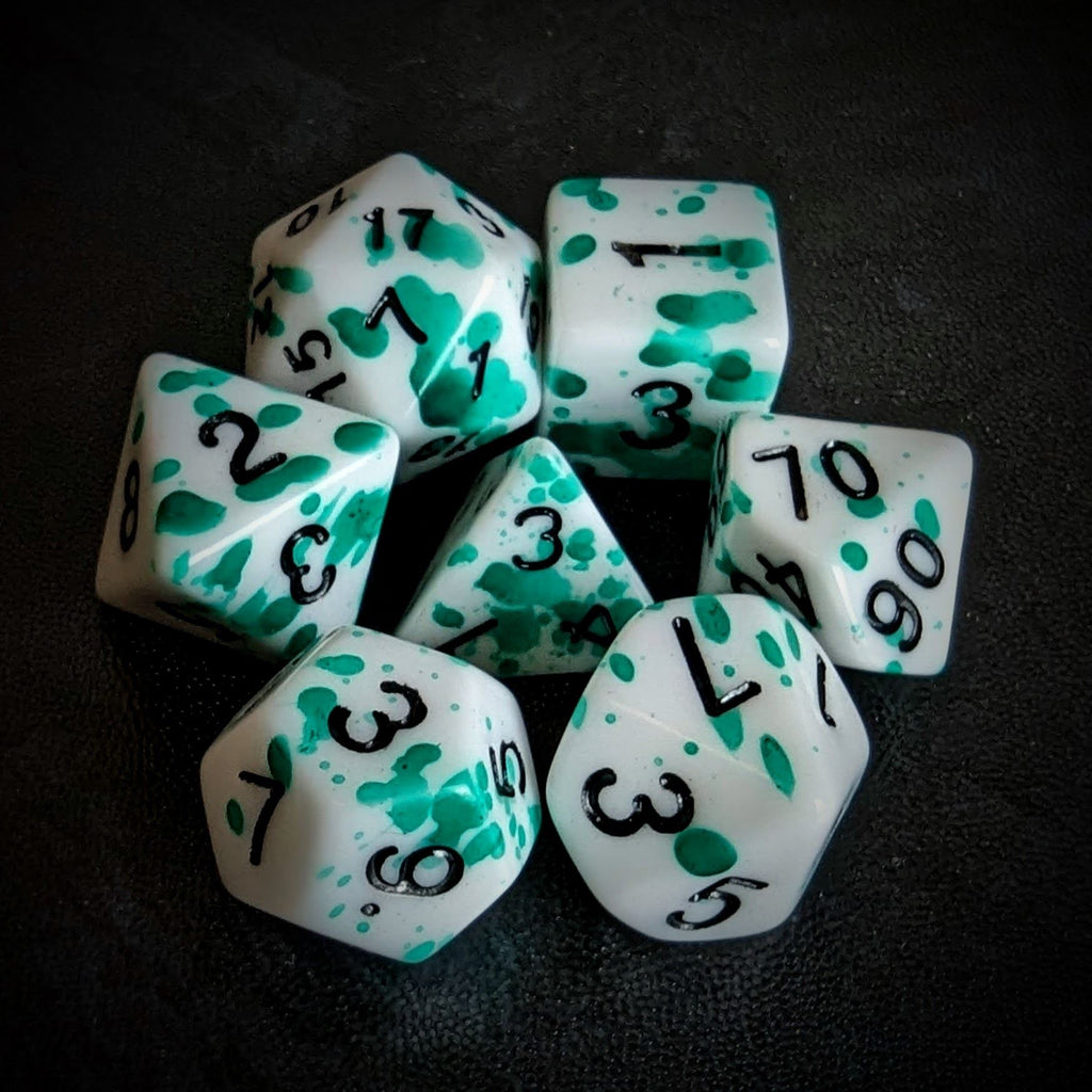 Green Blood Splatter on White Acrylic - 7pcs RPG Full Dice Set