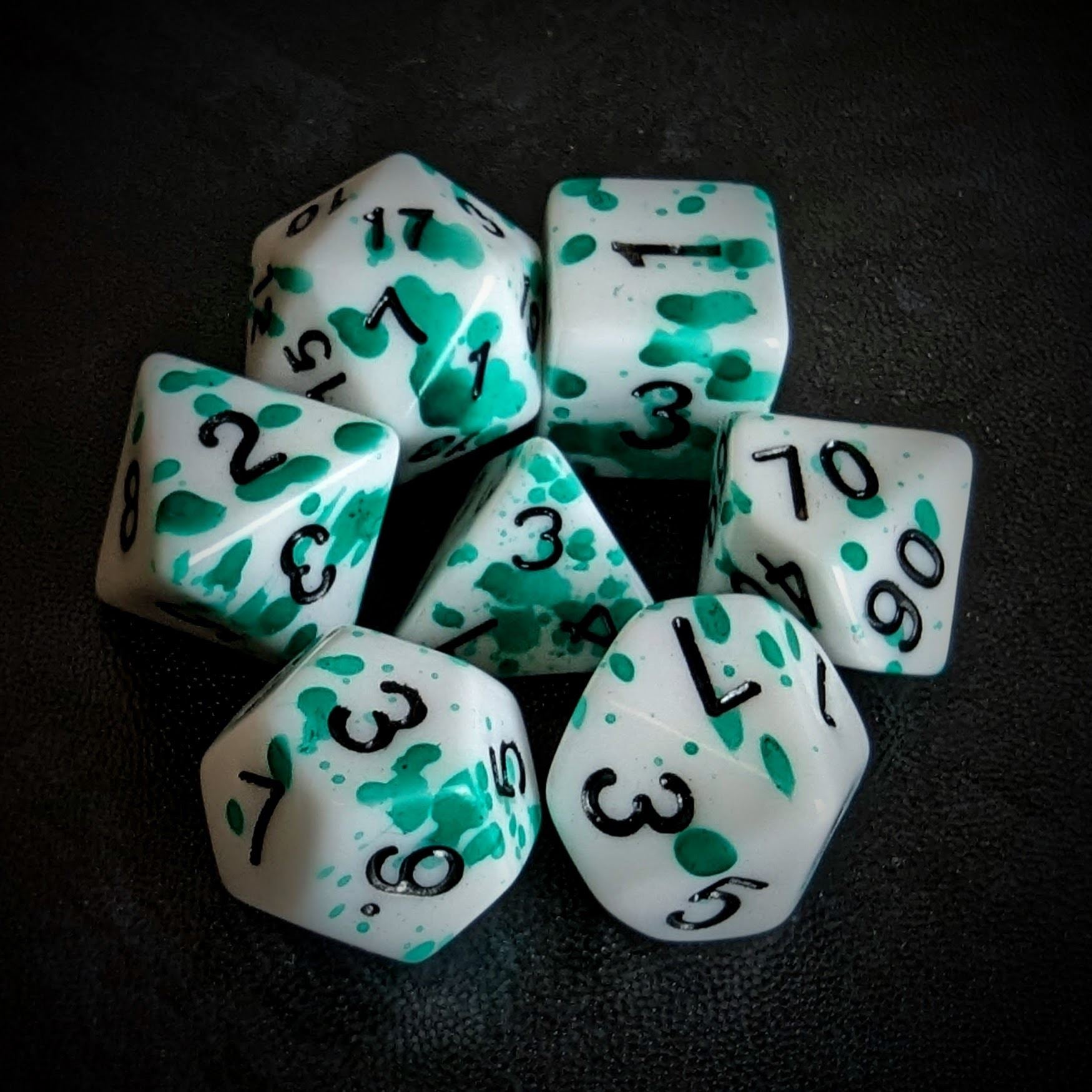 Green Blood Splatter on White Acrylic - 7pcs RPG Full Dice Set