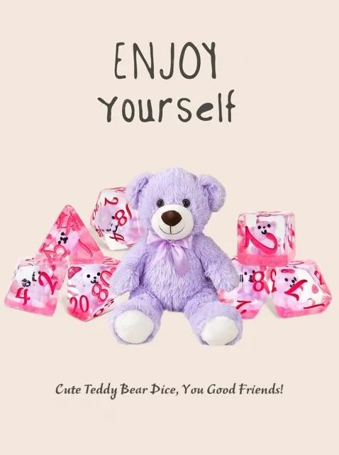 7pcs Dice Resin Filled Pink Font Teddy Bear Clear
