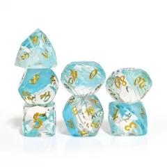 7pcs Dice Gem Glass Facet Ribbon Gold Font Clear Blue