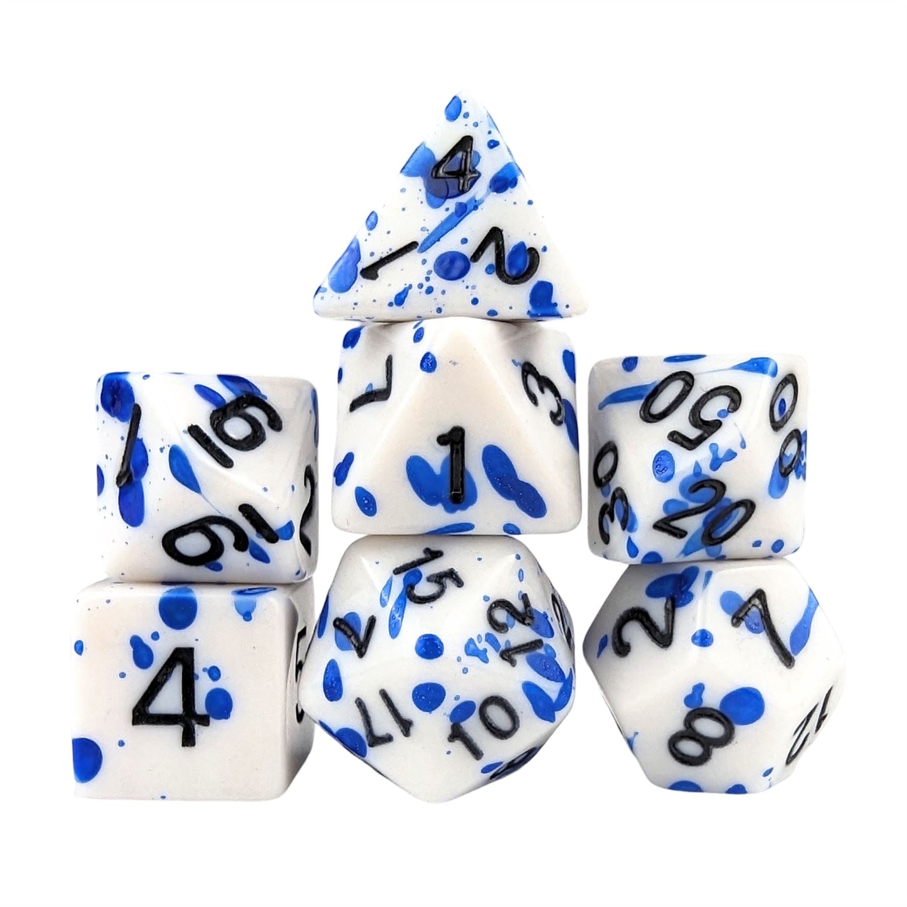 Blue Blood Splatter on White Acrylic - 7pcs RPG Full Dice Set