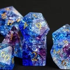 7pcs Dice Gem Glass Gold Font Cracked Blue (UD)