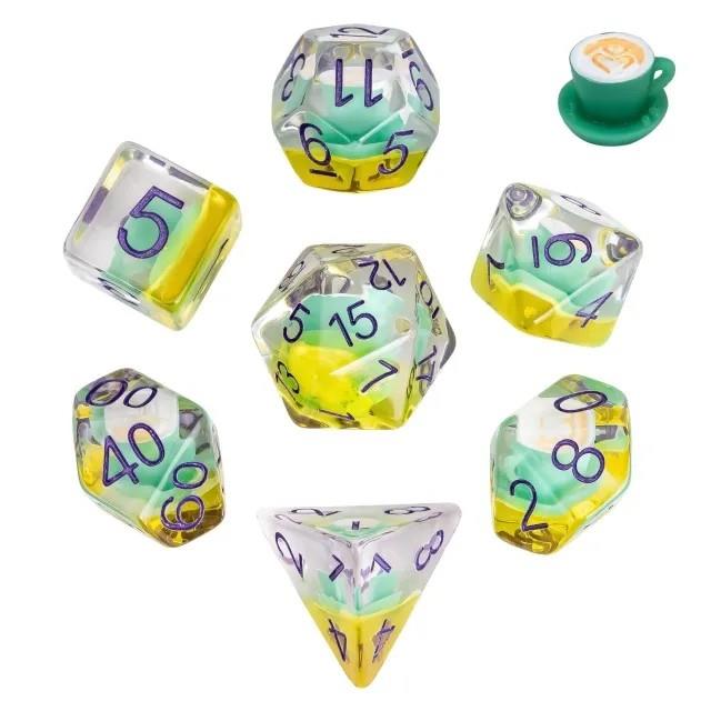 7pcs Dice Resin Filled Purple Font Coffee Cup Green Yellow
