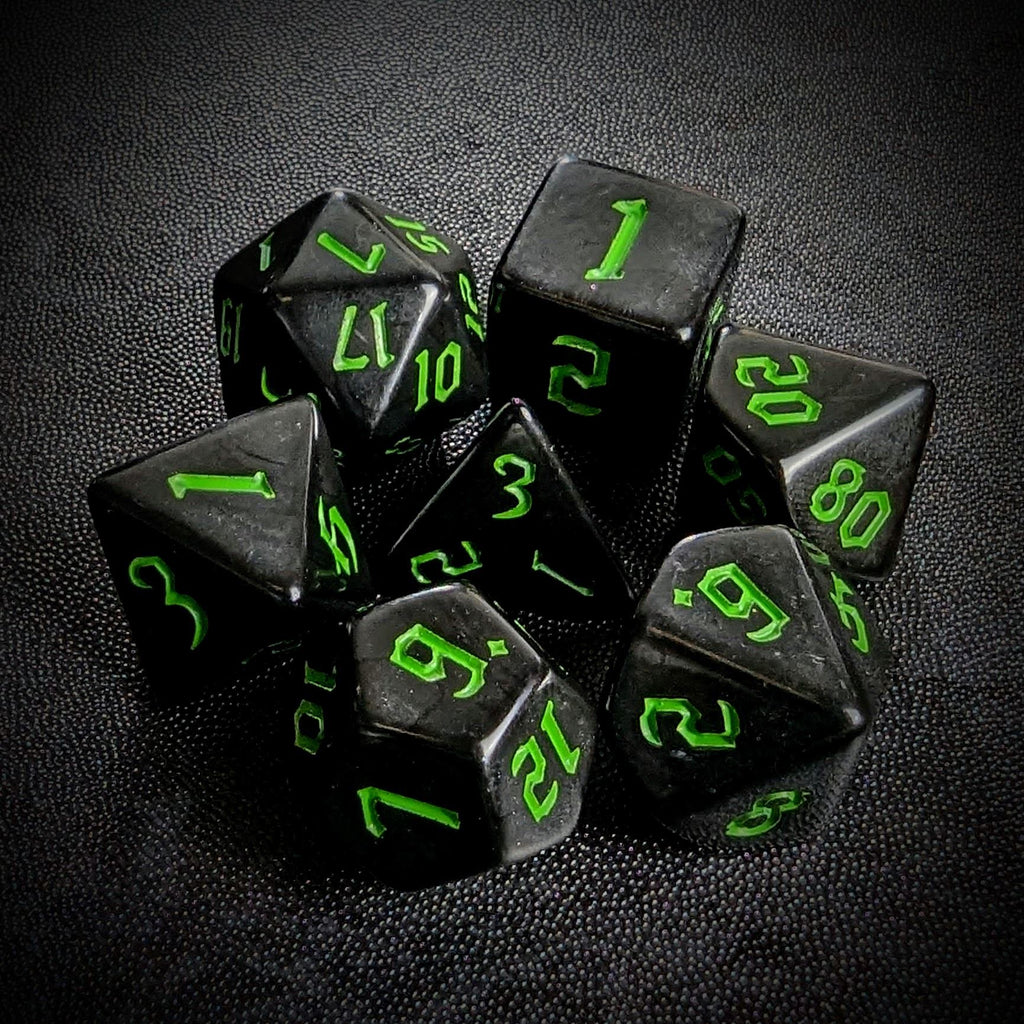 Green on Solid Black Acrylic - 7pcs RPG Full Dice Set