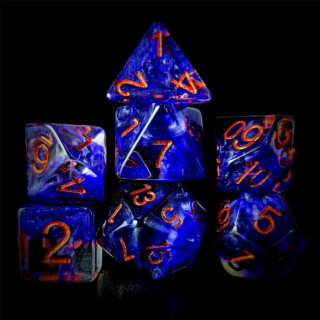 Purple Swirl in Clear Resin - 7pcs RPG Full Dice Set