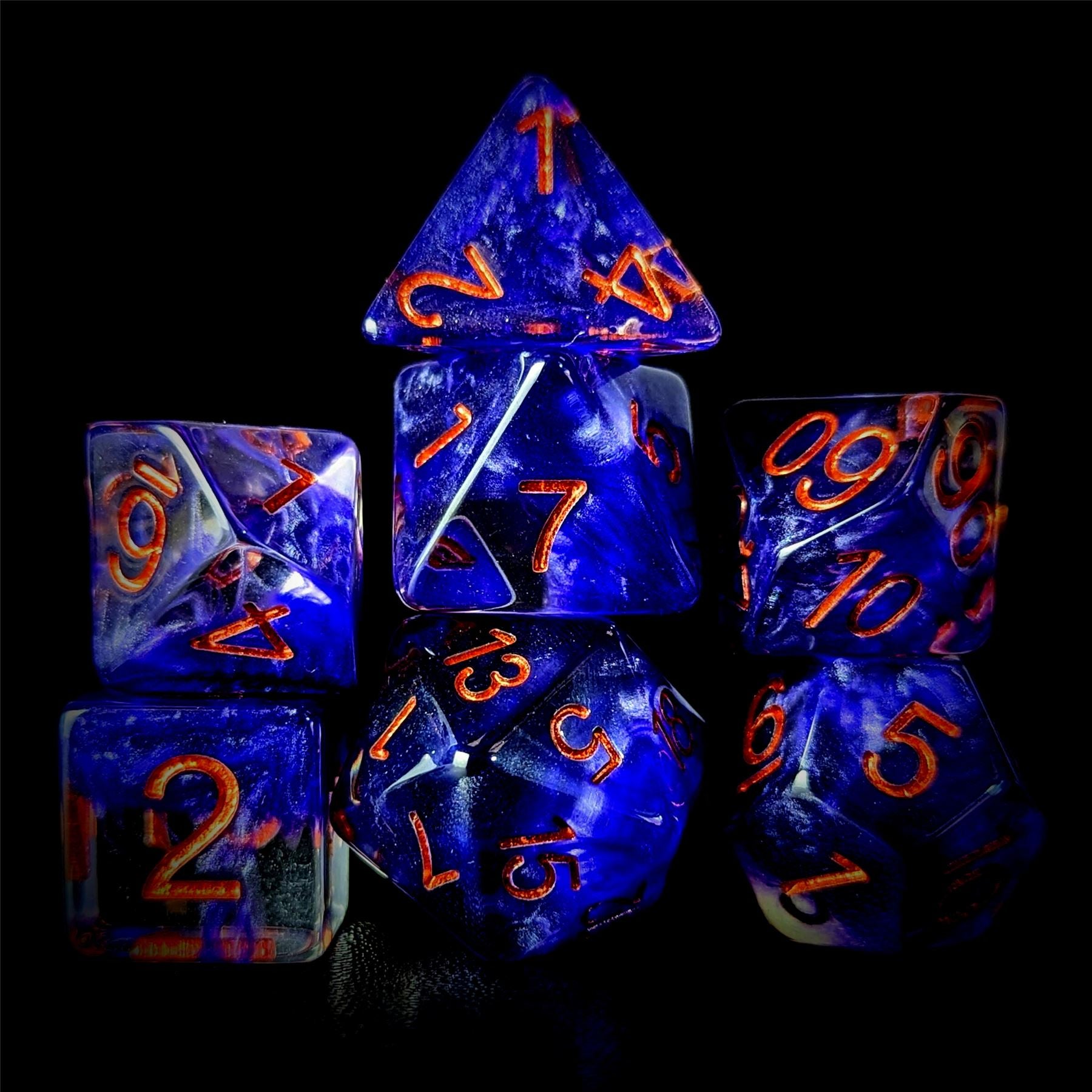 Purple Swirl in Clear Resin - 7pcs RPG Full Dice Set
