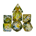 Yellow & Black with Blue Swirl in Clear Resin - 7pcs RPG Full Dice Set