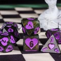 7pcs Dice Resin Pattern Hearts Purple Font Black