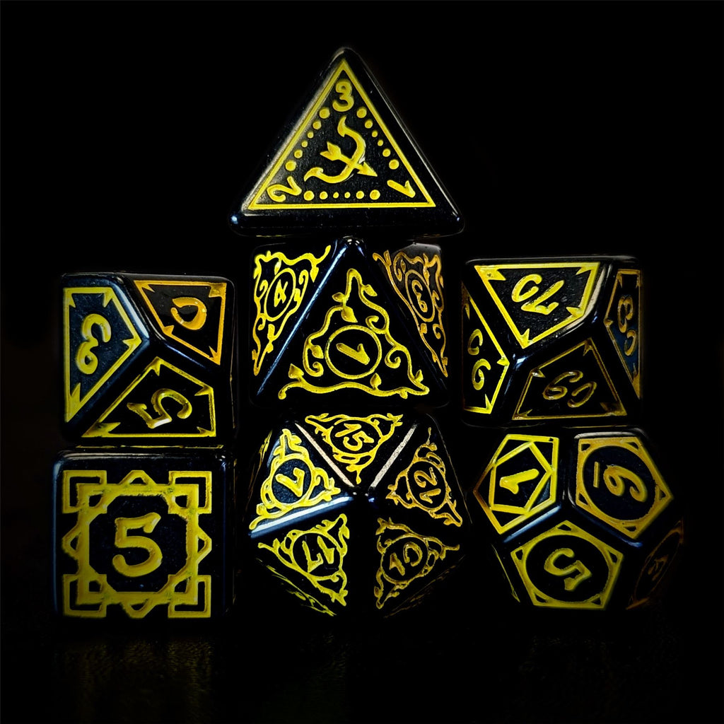 Yellow Vines on Black Acrylic - 7pcs RPG Full Dice Set