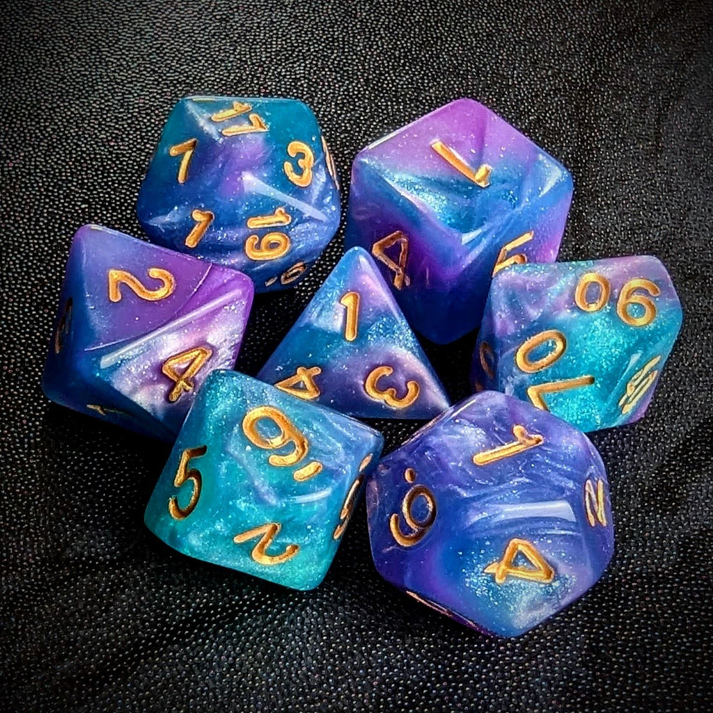 Glitter in Purple & Blue Acrylic - 7pcs RPG Full Dice Set