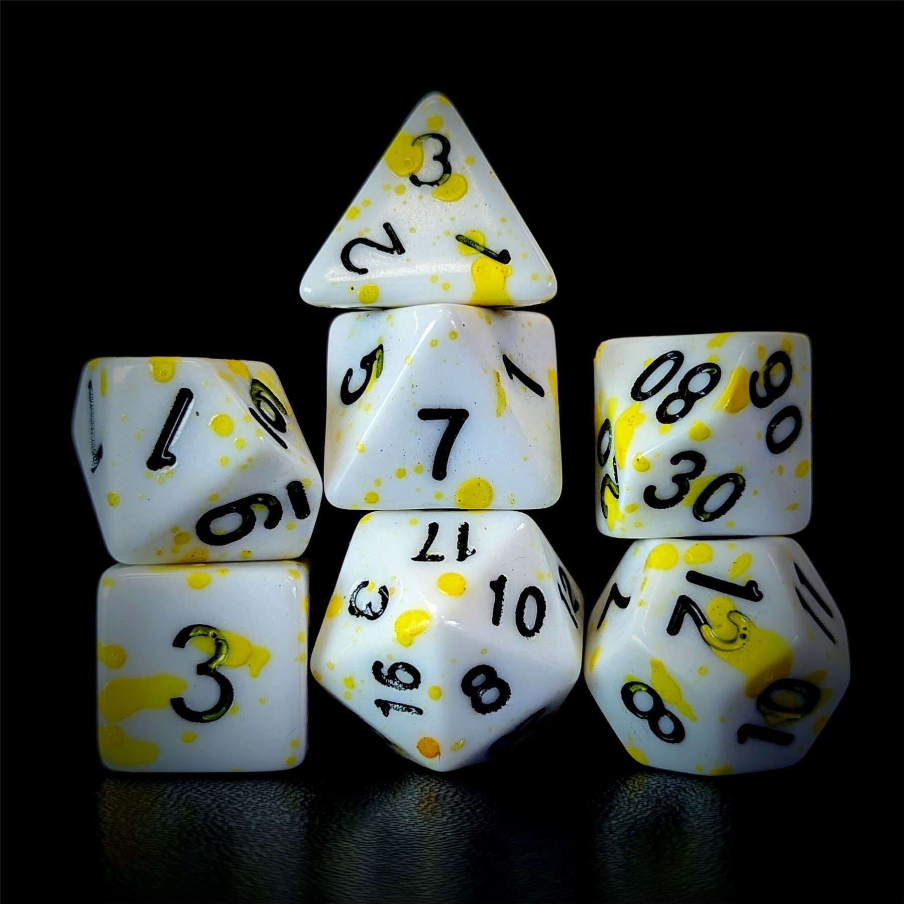Yellow Blood Splatter on White Acrylic - 7pcs RPG Full Dice Set
