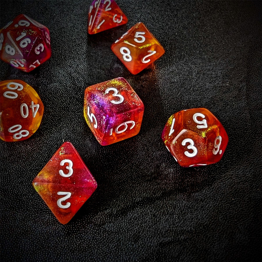 Glitter in Orange & Pink Acrylic - 7pcs RPG Full Dice Set