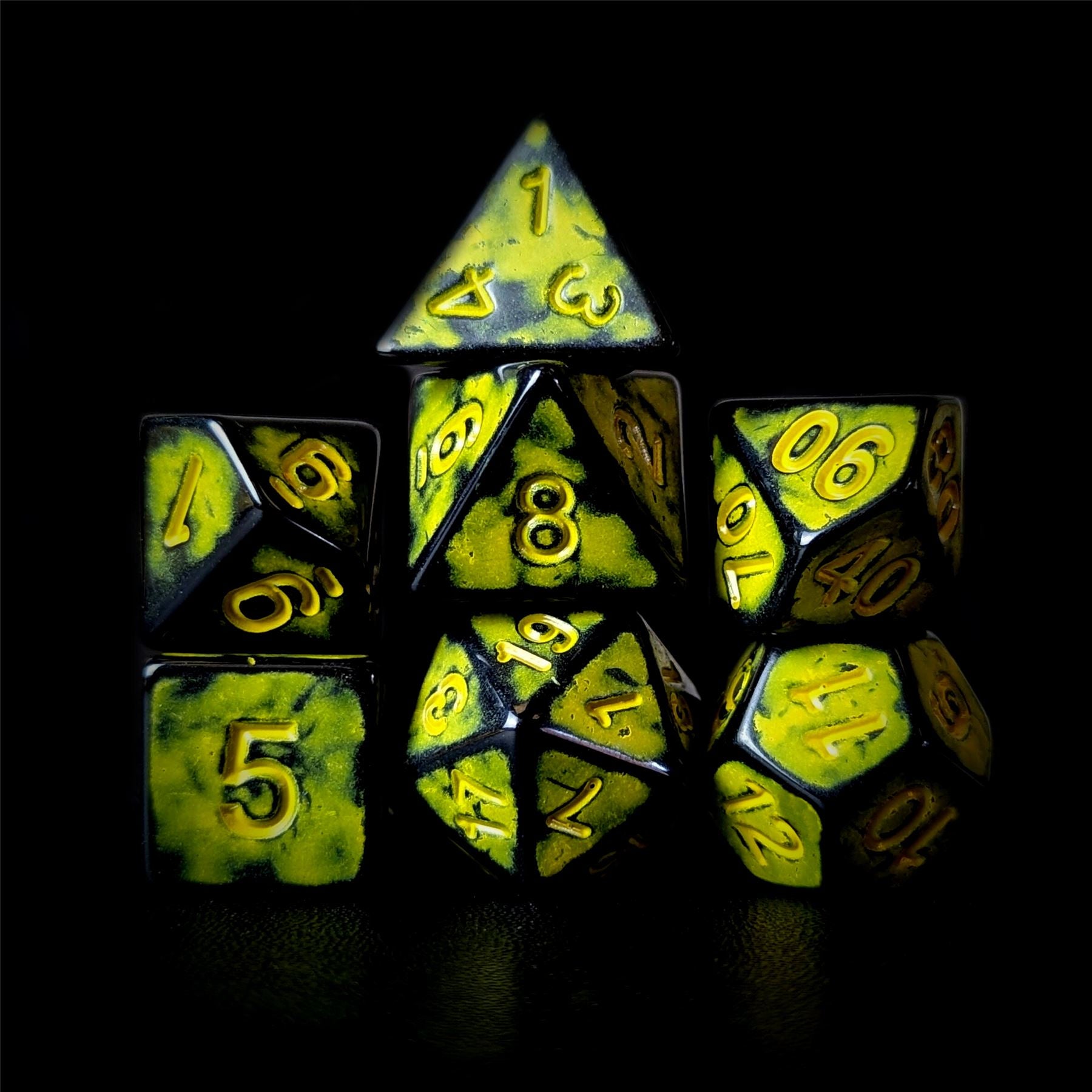 Washed Yellow on Black Acrylic - 7pcs RPG Full Dice Set