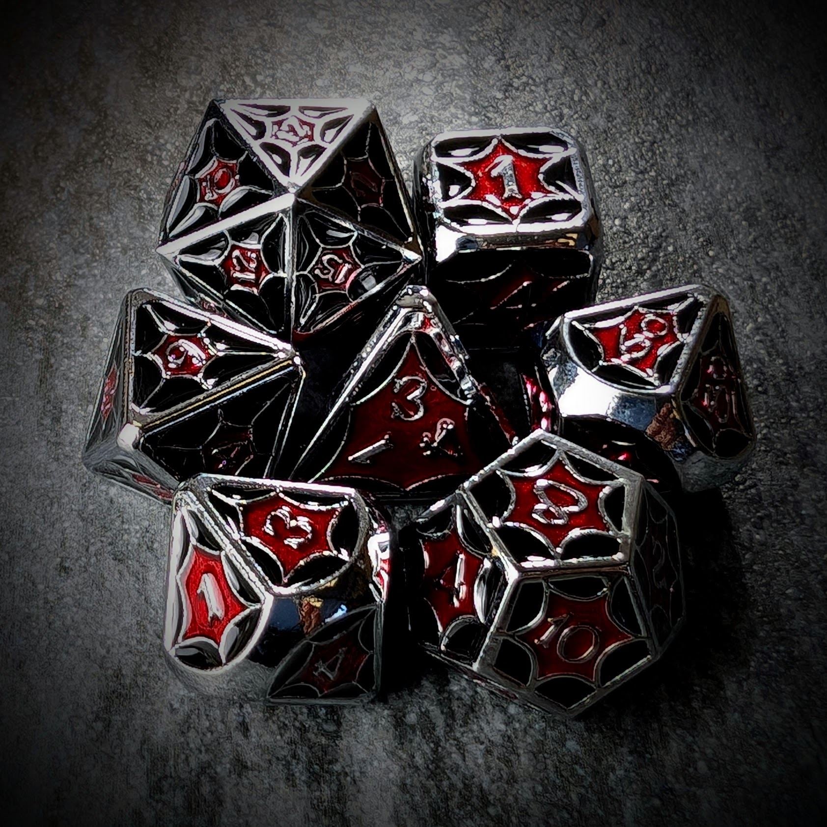 Red & Black Spider's Web in Silver Metal - 7pcs RPG Dice Set