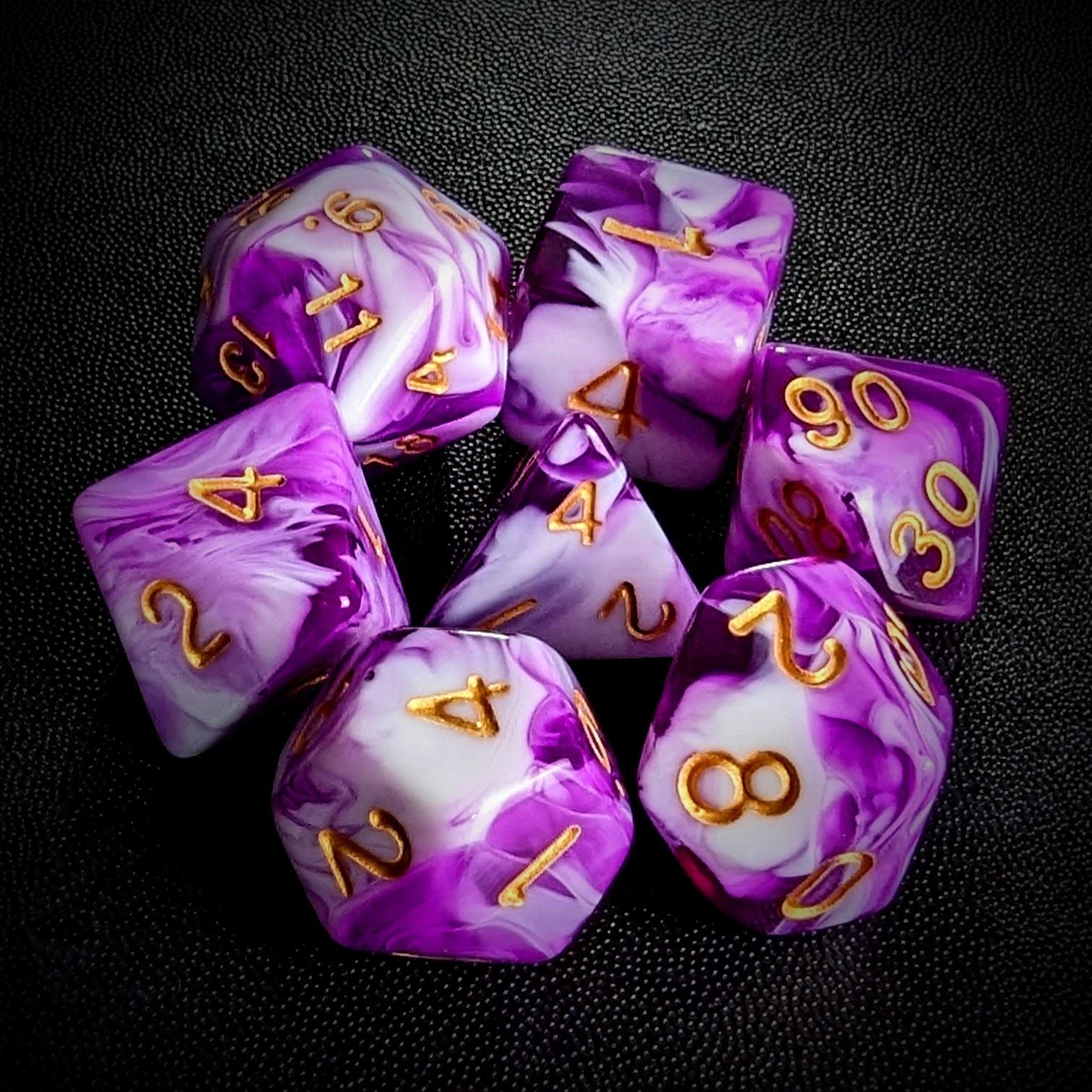 Blend of Purple & White Acrylic - 7pcs RPG Full Dice Set