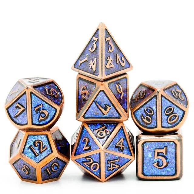 Glitter Blue Enamel in Copper Metal - 7pcs RPG Dice Set