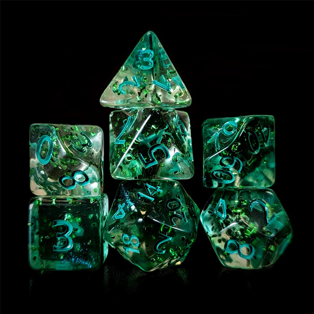 Glitter in Clear Green Acrylic - 7pcs RPG Full Dice Set