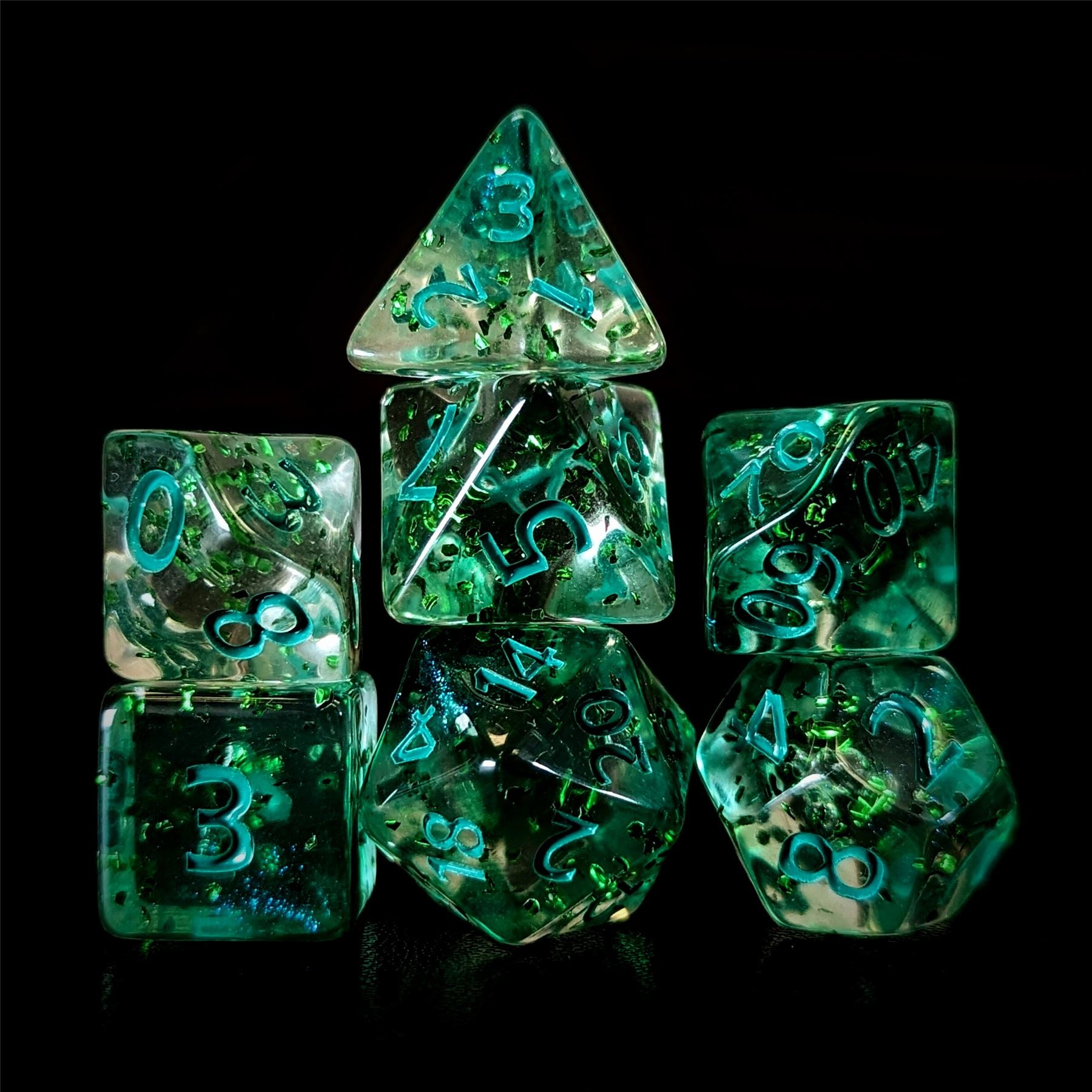 Glitter in Clear Green Acrylic - 7pcs RPG Full Dice Set