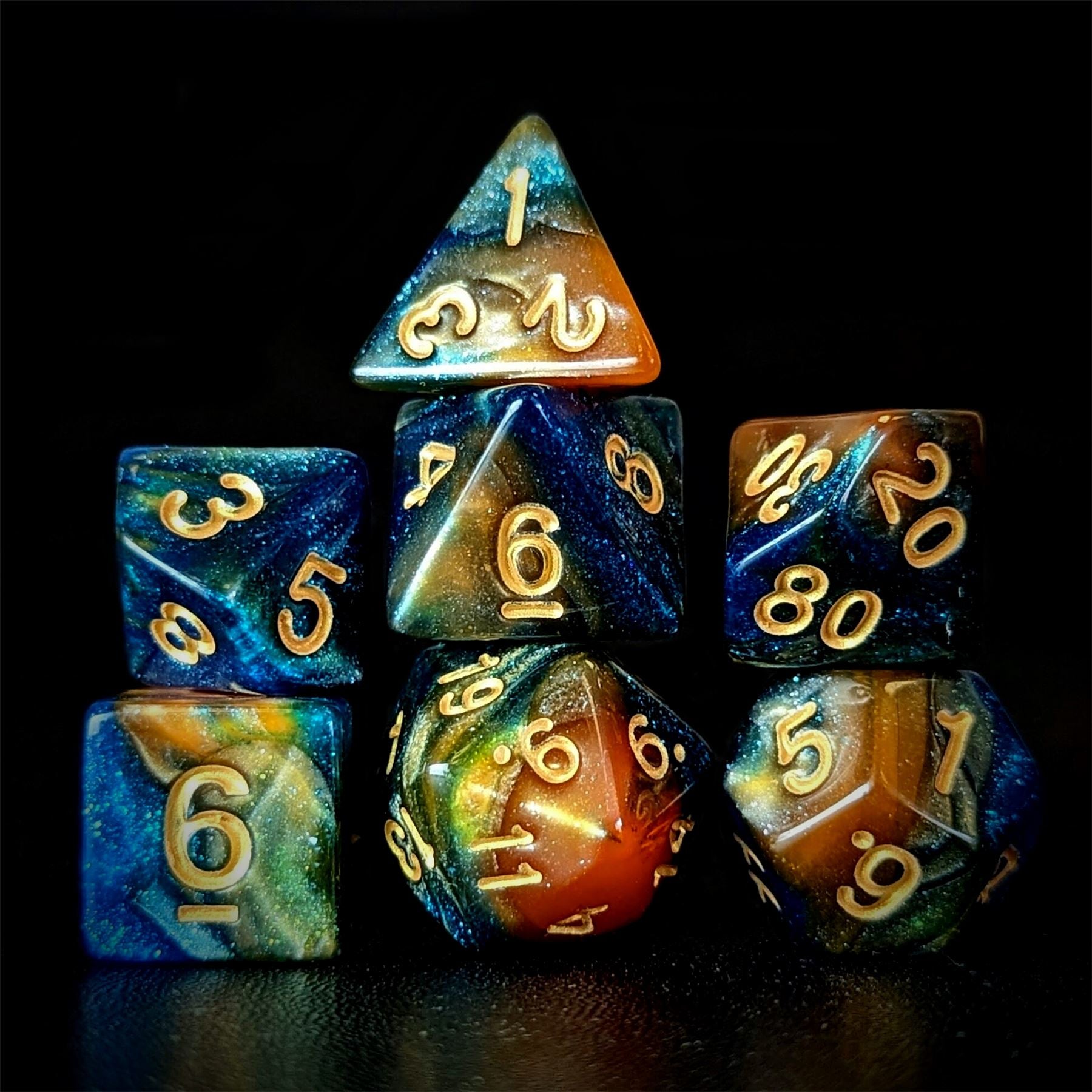 Glitter in Blue & Orange Acrylic - 7pcs RPG Full Dice Set