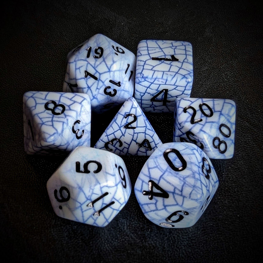 Cracked Blue on White Acrylic - 7pcs RPG Full Dice Set