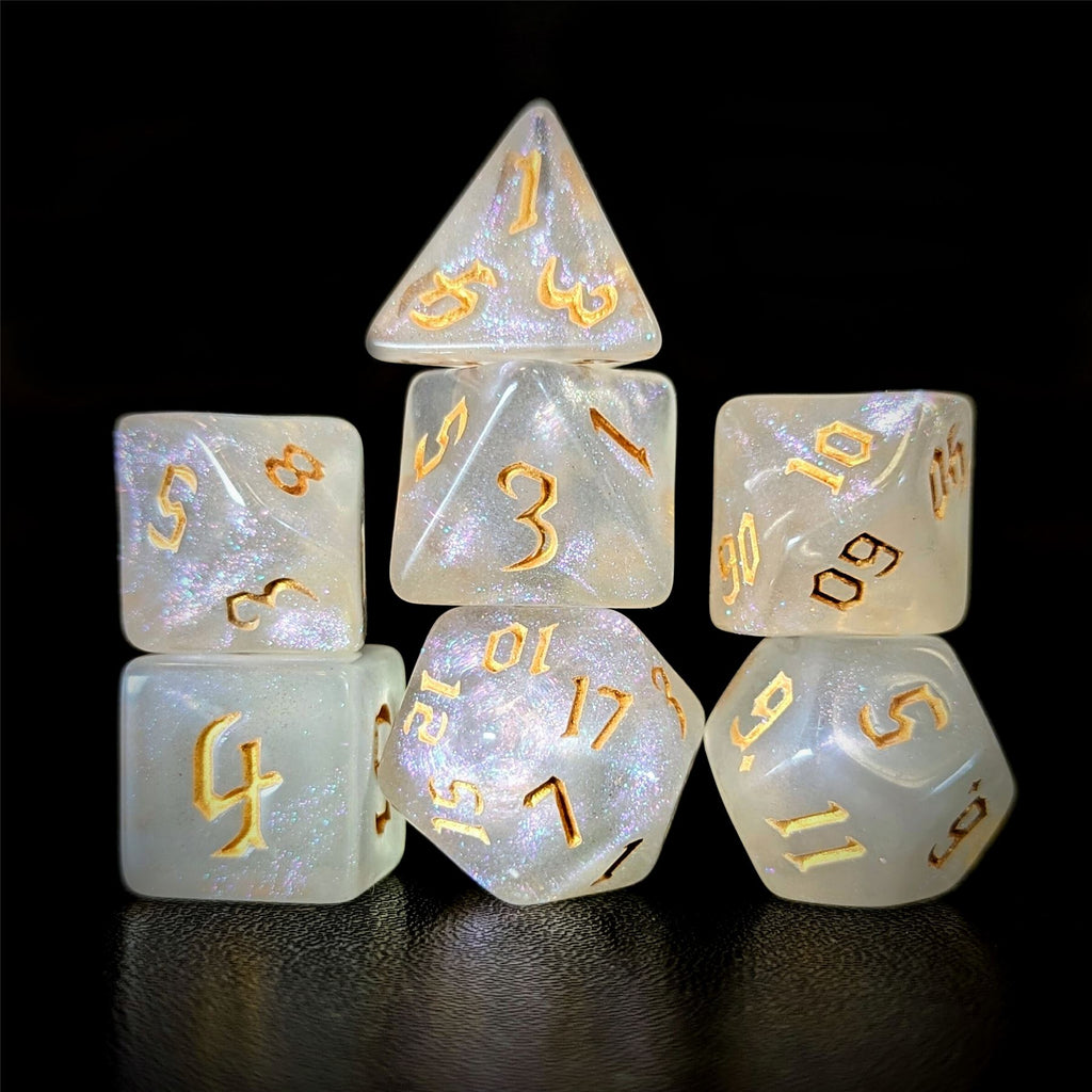 Glitter in White Acrylic with Gold Font - 7pcs RPG Full Dice Set