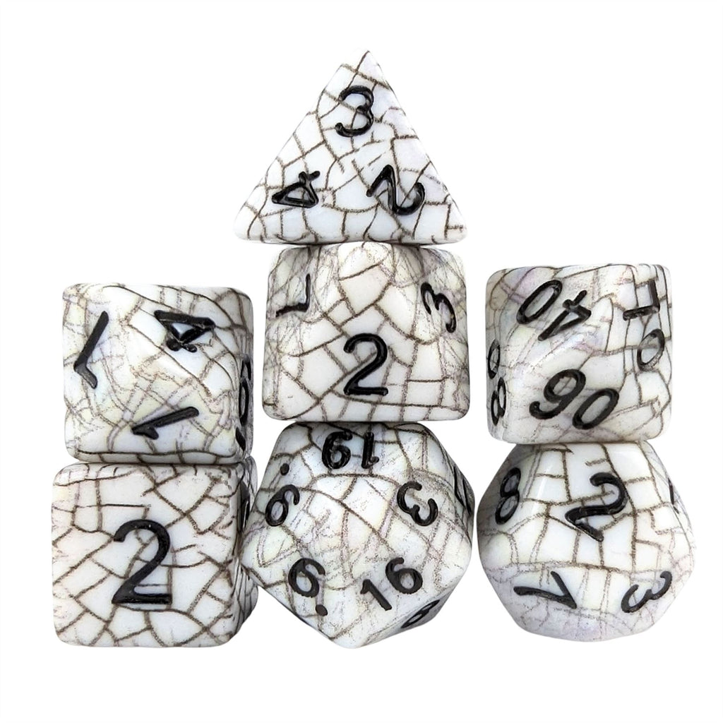 Cracked Black on White Acrylic - 7pcs RPG Full Dice Set