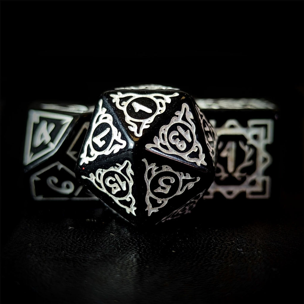 White Vines on Black Acrylic - 7pcs RPG Full Dice Set