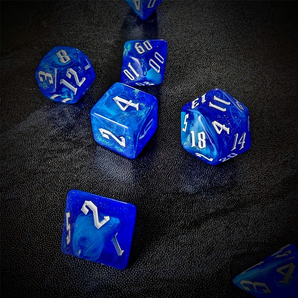 Glitter in Blue & White Acrylic - 7pcs RPG Full Dice Set