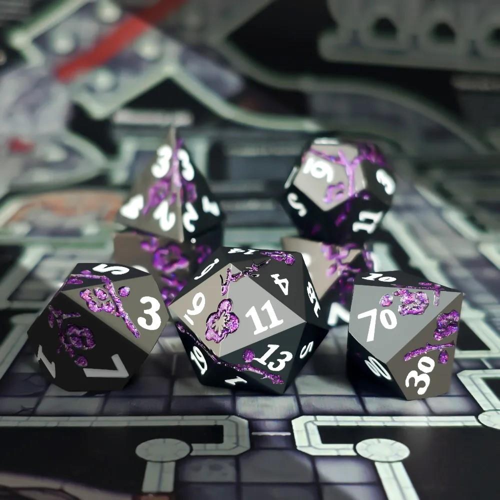 7pcs Dice Metal Lotus White Font Purple Nickel